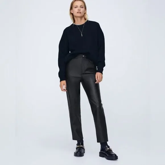 Zara Faux Leather Black Pants Straight Leg Size 2 - Picture 5 of 8